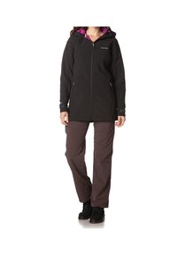 Schwarze wasserdichte Jacke mit Kapuze, lila Futter, Reißverschluss vorne und verstellbaren Manschetten, kombiniert mit braunen Hosen und schwarzen Stiefeln.