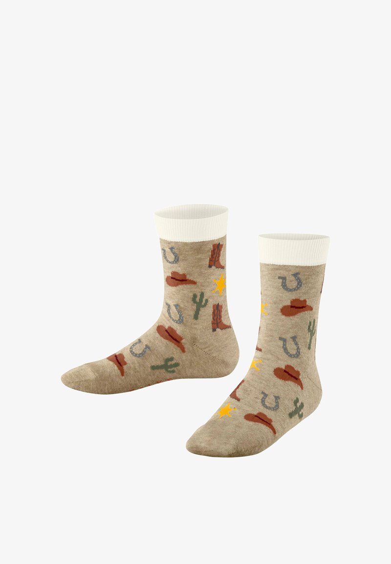 Chaussettes beige avec des bordures blanches décorées de motifs à thème western comprenant des chapeaux de cowboy, des bottes, des cactus, des fers à cheval et des étoiles de shérif.