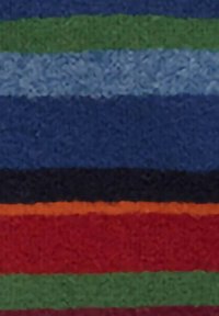 Tessuto rigato multicolore con bande orizzontali in blu, verde, arancione, rosso e nero. Texture morbida con aspetto intrecciato.