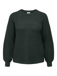 Pulover tricotat verde închis cu decolteu rotund, mâneci lungi bufante și margini și tiv striate.