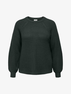 Tmavozelený pletený sveter s okrúhlym výstrihom, dlhými balónovými rukávmi a rebrovanými manžetami a lemom.