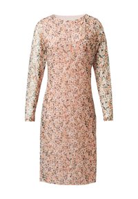 Langärmliges Kleid mit einem pastellfarbenen Blumenmuster, das einen runden Halsausschnitt und eine taillierte Form aufweist. Es besteht aus leichtem, durchscheinendem Stoff.