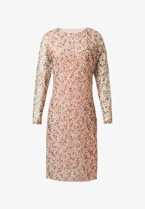 Long-sleeve dress made of lightweight, sheer fabric featuring a floral pattern in shades of pink, beige, and brown; round neckline.