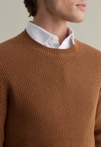 Brown textured knit sweater with a crew neckline, layered over a white collared shirt. Features a tight, woven pattern and ribbed cuffs.