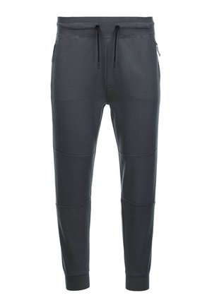 Dunkelgraue Sweatpants aus weichem Stoff, mit einem Kordelzugbund, zwei seitlichen Reißverschlusstaschen und Längsnähten an den Beinen.