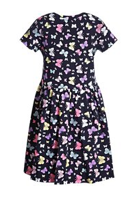 Short-sleeve dress in navy fabric featuring a colorful butterfly pattern with shades of pink, purple, and yellow. Flared skirt design.
