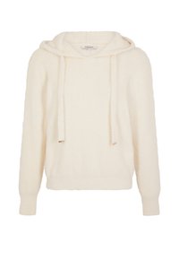 Hoodie de color crema, esponjoso, con cierre de cordón, puños y dobladillo acanalados, y un corte relajado. Textura suave, con un detalle mínimo.