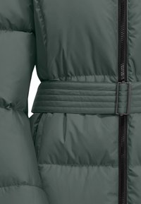 Padded groene jas met een ceintuur in de taille, zijnaad en een volledige zwarte rits. De stof heeft een gladde textuur met een matte afwerking.