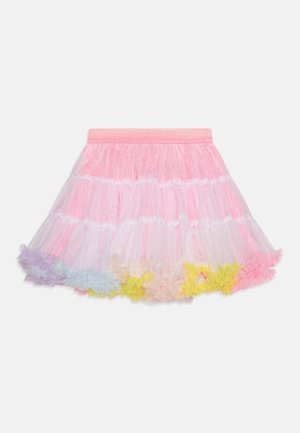 Pink lagdelt tylskørt med glitrende taljebånd og flæset multifarvet kant i nuancer af lilla, blå, beige, gul og pink.