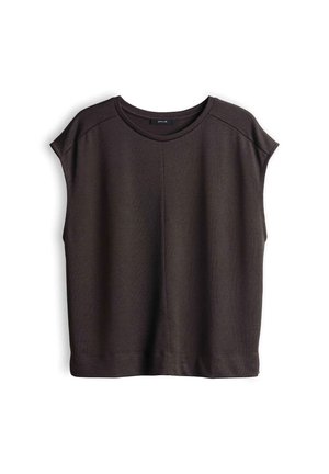 Top senza maniche marrone scuro con scollo rotondo e vestibilità comoda, mostrato su sfondo bianco.