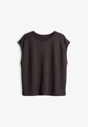 Mouwloze donkerbruine top met een ronde halslijn en een losse pasvorm, getoond op een witte achtergrond.