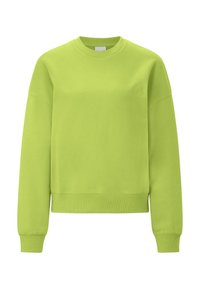 Zöld pamut pulóver kerek nyakkal, hosszú ujjakkal, bordázott mandzsettákkal és szegéllyel. Elől kis dombornyomott pillangó logó található.