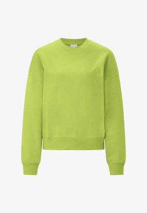 Zeleni pamučni džemper s okruglim izrezom, dugim rukavima, rebrastim manžetnama i rubom. Ispred se nalazi mala utisnuta leptirasta oznaka.