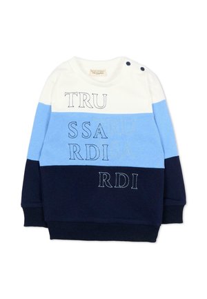Felpa a maniche lunghe per bambini color block bianca, azzurro chiaro e blu navy con la scritta "TRUSSARDI" ricamata sul davanti e bottoni a pressione sulla spalla.
