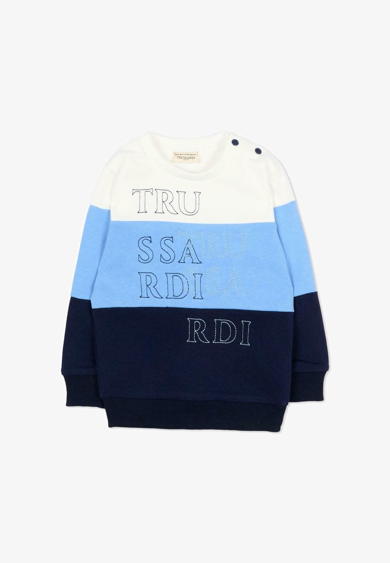 Sweat-shirt enfant à manches longues colorblock blanc, bleu clair et marine avec « TRUSSARDI » brodé sur le devant et boutons-pression aux épaules.