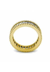 Anello in oro con una fila di gemme scintillanti lungo la parte superiore. I bordi testurizzati migliorano il design, creando un aspetto lucido ed elegante.