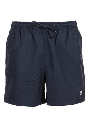 Costume da bagno corto blu scuro con vita elastica e coulisse frontale, con un piccolo logo bianco sulla gamba inferiore sinistra.