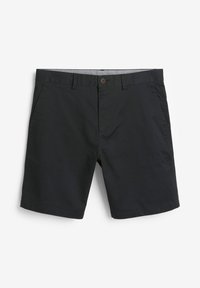 Schwarze Shorts aus leichtem Stoff, mit Knopfverschluss, zwei Fronttaschen und geradem Beinschnitt. Glatte Textur.