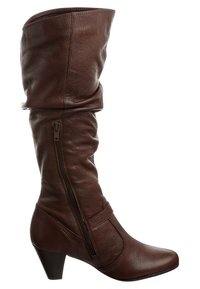 Bota de cuero marrón hasta la rodilla con un diseño aflojado, punta afilada y cremallera lateral. Cuenta con un tacón modesto y apilado. Superficie texturizada.