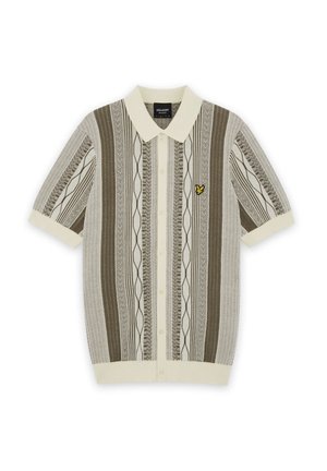 Kortærmet skjorte med knapper og polo-krave med cremefarvet krave og manchetter, med lodrette grå og beige geometriske striber og en gul fuglelogo på brystet.