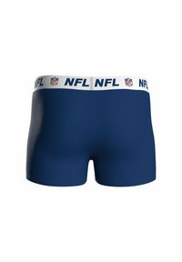 Mörkblå herrboxershorts med en vit midjeresår som har NFL-loggor och bokstäverna "NFL" i mörkblått.