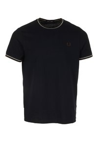 Marineblaue Baumwoll-T-Shirt mit rundem Halsausschnitt und kontrastierendem hellgrauem Besatz sowie kurzen Ärmeln. Kleines gesticktes Logo auf der Brust.