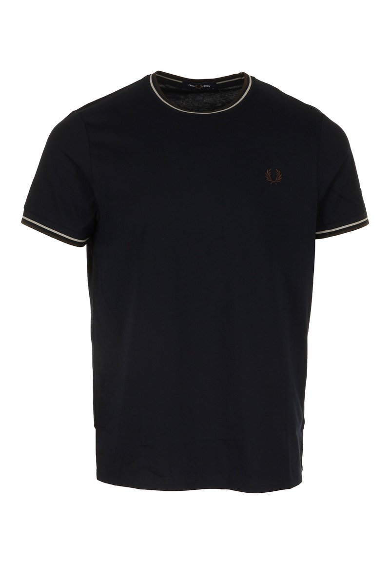 Marineblaue Baumwoll-T-Shirt mit rundem Halsausschnitt und kontrastierendem hellgrauem Besatz sowie kurzen Ärmeln. Kleines gesticktes Logo auf der Brust.