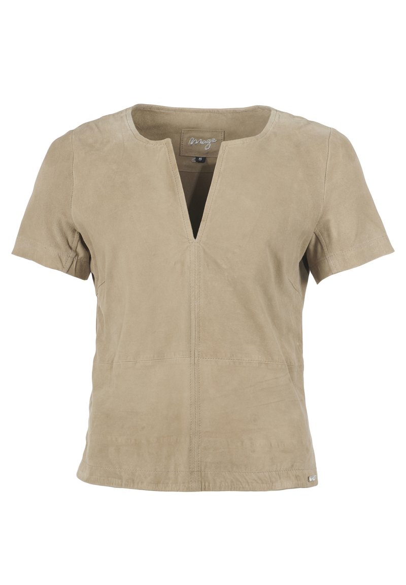 Beige Kurzarmoberteil mit V-Ausschnitt und geradem Schnitt. Hergestellt aus weichem Wildleder, mit sichtbaren Nähten und einem Logotag am Saum.