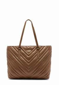 Borsa tote in pelle marrone con motivo a rombi, dotata di due manici e di un logo in metallo sulla parte anteriore. Tessuto liscio.