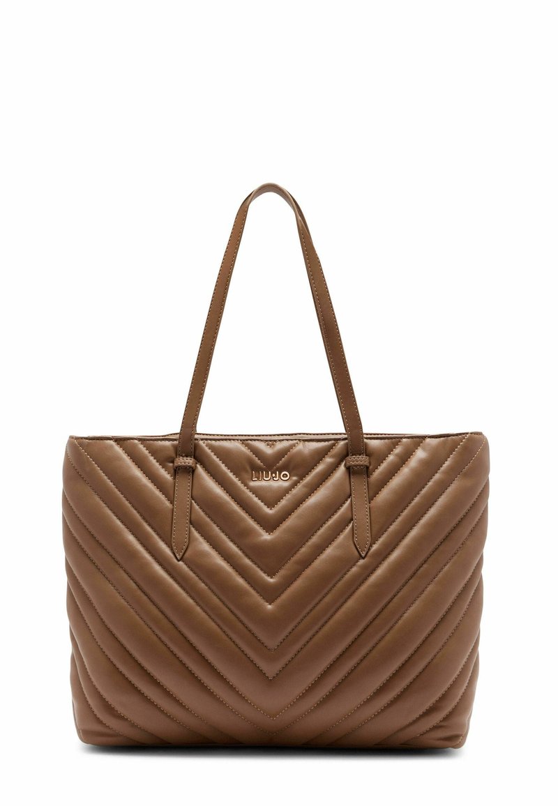Borsa tote in pelle marrone con motivo a rombi, dotata di due manici e di un logo in metallo sulla parte anteriore. Tessuto liscio.