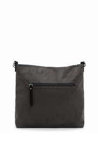 Gray fabric crossbody bag with a smooth texture, featuring a front zipper pocket, adjustable strap, and minimalist design.