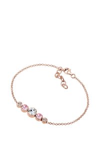 Armband aus Roségold mit fünf runden Kristallen in verschiedenen Größen und Farben: klar, hellrosa und dunkelrosa, mit einem Verschluss.