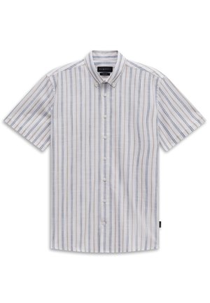 Weißes kurzärmeliges Hemd mit dünnen vertikalen Streifen in Blau und Beige und einem Button-Down-Kragen.
