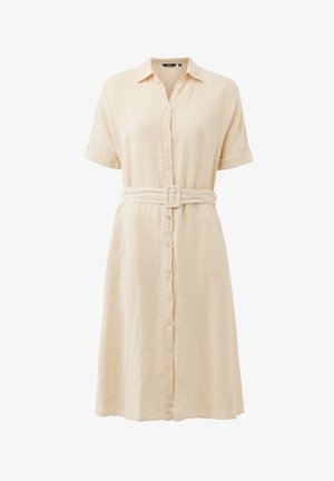 Beiges Midikleid zum Knöpfen mit kurzen Ärmeln, Kragen und passendem Stoffgürtel mit rechteckiger Schnalle in der Taille.
