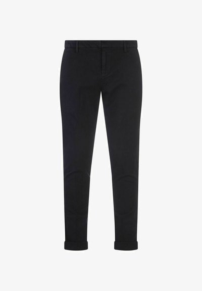 Chinos neri in cotone con vestibilità slim, dotati di orli arrotolati, fronte piatto e passanti per cintura standard. Texture liscia, design classico.