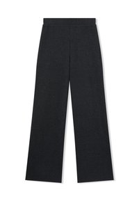 Pantaloni a gamba larga grigio scuro realizzati in un tessuto morbido con una texture liscia e una cintura elastica per il massimo comfort. Nessun motivo o accessorio visibile.