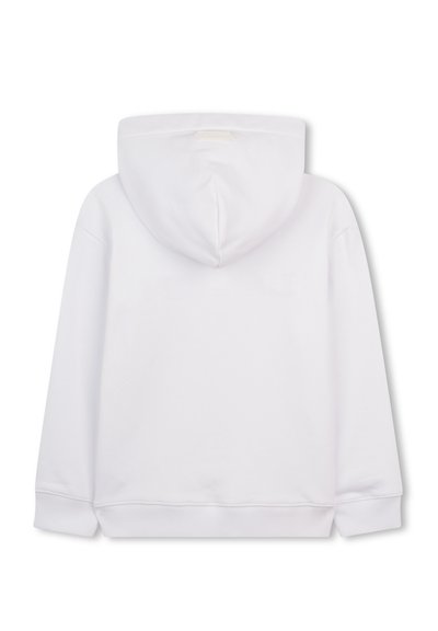 Felpa bianca con cappuccio vista da dietro, con maniche lunghe e polsini e orlo a costine.