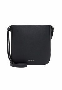 Černá kožená crossbody taška s texturovaným povrchem, obdélníkovým tvarem, jedním nastavitelným popruhem a decentním logem na přední straně.