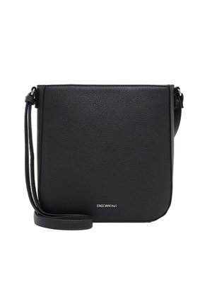Black leather crossbody bag with a textured finish, rectangular shape, a single adjustable strap, and subtle logo detail on the front.