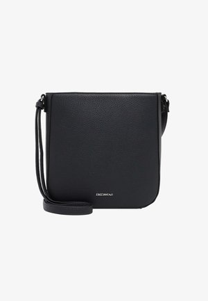 Zwarte leren schoudertas met een gestructureerde afwerking, rechthoekige vorm, een enkele verstelbare schouderband en subtiele logo detail aan de voorkant.