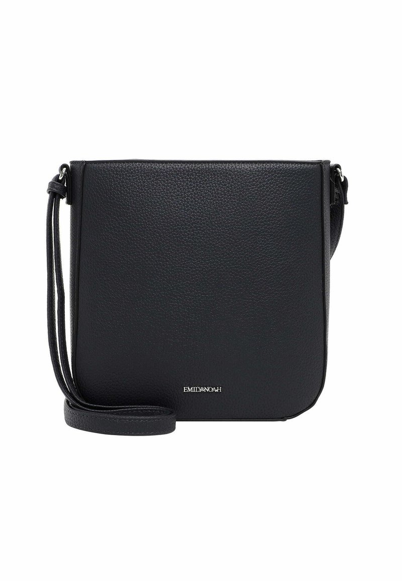 Černá kožená crossbody taška s texturovaným povrchem, obdélníkovým tvarem, jedním nastavitelným popruhem a decentním logem na přední straně.