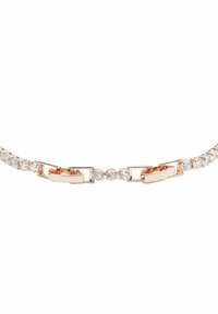 Bracciale in oro rosa con pietre trasparenti e scintillanti, design a catena, chiusura a scatola e finitura liscia con un motivo uniforme di gemme.