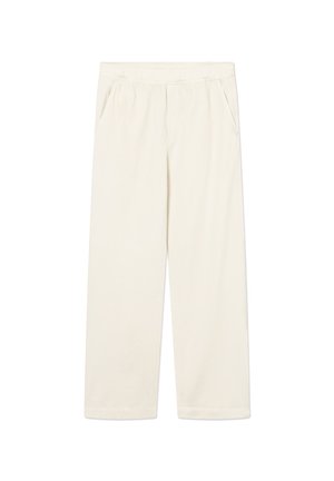 Hlače ravnog kroja krem boje s elastičnim pojasom i bočnim džepovima, prikazane na bijeloj pozadini.