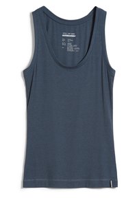 Débardeur côtelé bleu foncé avec un large col et sans manches. Présente une étiquette avec du texte à l'intérieur du col.