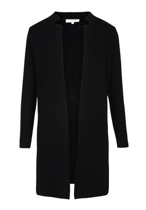 Black long cardigan made of soft fabric, featuring an open front, no fastenings, and long sleeves. Minimalist design without patterns.