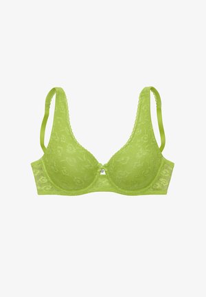 Hellgrüner Spitzen-BH mit glatter Oberfläche, tief ausgeschnittenem Ausschnitt, verstellbaren Trägern und einer kleinen dekorativen Schleife mittig vorne.