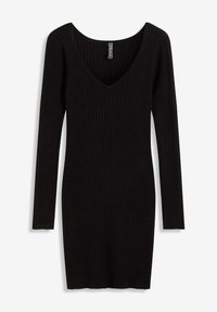 Svart ribbad klänning med långa ärmar, V-ringning och figurnära siluett. Tillverkad av mjukt stickat material, har vertikal ribbning över hela.