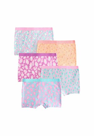Fünf Paar bunte Leopardenprint-Boyshorts in Pastellrosa, Lila, Gelb, Blau und Türkis mit passenden Taillenbändern.
