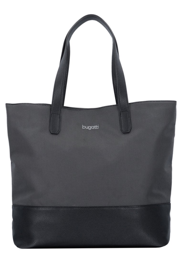 Sac fourre-tout Bugatti noir et gris foncé avec deux anses, corps supérieur en tissu et panneau inférieur en cuir texturé.