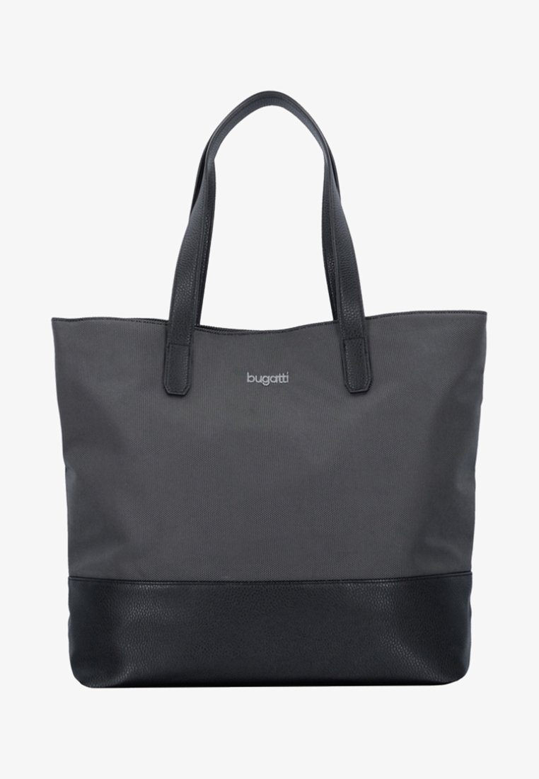 Sac fourre-tout Bugatti noir et gris foncé avec deux anses, corps supérieur en tissu et panneau inférieur en cuir texturé.